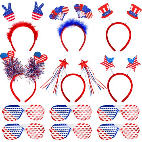 MGparty 12pcs 4th of July Headbands and Glasses for Kids Adults 4th of July Party Favors Supplies Patriotic Accessories Decorations