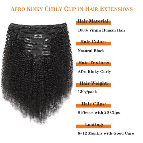 Yacurcur Afro Kinky Curly Clip in Hair Extensions Human Hair 4C Hair Clip in Extensions 8pcs 120g/set 10A Brazilian Virgin Natural Hair Clip Ins for Black Women Natural Black Color 16 Inch