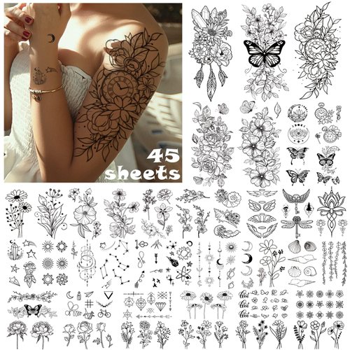Cerlaza 45 Sheets Temporary Tattoos for Women, Butterfly Flower Fake Tattoo Stickers for Body Decor, Realistic Semi Permanent Long Lasting Tattoos for Adults