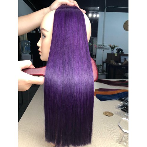 Colored Hair Streaks, Colored Extensions, Multi-Colors Party Highlights Streak Human Hair Hairpieces Clip-In/Clip On Colored Hair Extensions 14 Inches, Double Drawn (Purple)