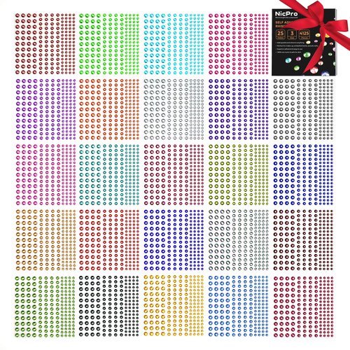 Rhinestone Stickers 4125 PCS, Nicpro Self Adhesive Gems Stick on Face Body Makeup Festival, Bling Jewels in 3 Size 25 Colors,25 Embellishments Sheet for Decorations Crafts Nail Card Hair