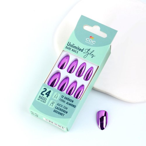 Chrome Metal Press on Nails Glossy Purple Shine False Nails Gel Glue on Nails Sparkly Mirror Medium Almond Manicure Art Acrylic Fake Nails Stick on Nails with Chrome Design for Coquette Women 24Pcs