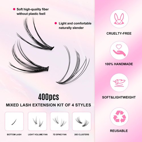 RICHSKY Lash Clusters Natural Individual Lash Extensions，DIY Wispy Faux Mink Lash Tray at Home Multi-type Mix Bottom, Light Volume, 7D Spike, 20D Clusters for Self Application (natural D Curl)