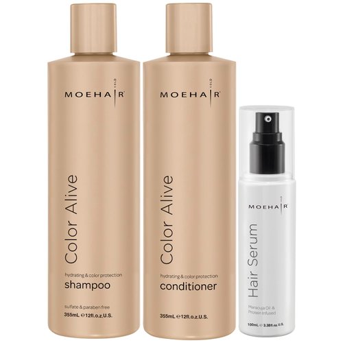 MOEHAIR Trio Kit (Color Alive Shampoo and Conditioner Set - 12 Fl. Oz and Hair Serum - 3.38 Fl. Oz), Combats Frizz | Adds shine I Paraben & Sulfate Free