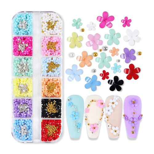 3D Flower Nail Charms and Metal Caviar Beads,Nail Art 3D Acrylic Flowers Nail Charms Nail Design Supplies Decoration Accessories DIY Nail Decoration in 12 Compartment Box