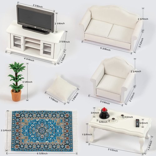 SAMCAMI Miniature Dollhouse Furniture 1 12 Scale - Wooden Dollhouse Furniture Set for Dollhouse Living Room - Doll House Furniture Incl Sofa, TV Cabinet, Coffee Table and Other Accessories (White)