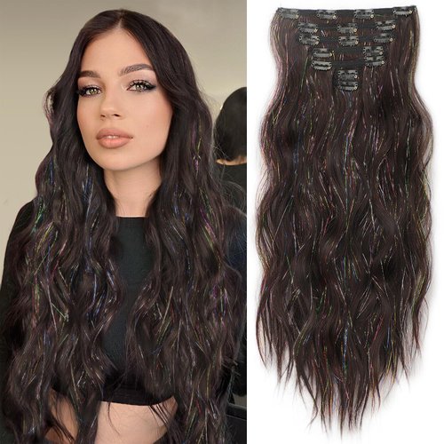 DeeThens Clip in tinsel Hair Extensions, Brown mix colorful tinsel hair Extension, 7PCS Clips in Hair Extensions，Clip in Hairpieces for Women Hair Extension 20 Inches for Girls Women Daily Party Use