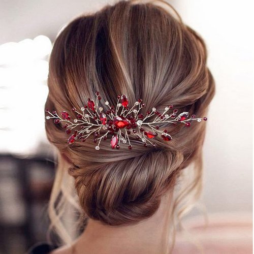 Bridal Wedding Hair Comb Wine Red Crystal Sliver Hair Vine Piece Accessories for Women Girls Party Banquet (Wine Red)