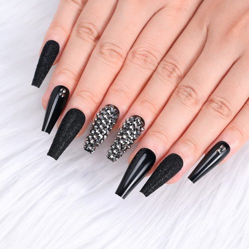 Kikmoya Extra Long Coffin Press on Nails, Crystal Luxury Nails with Grey Black Rhinestones, Black Pure Color Glitter, 24pcs Glossy False Nails Fake Tips, Finger Manicure for Women and Girls (K26)