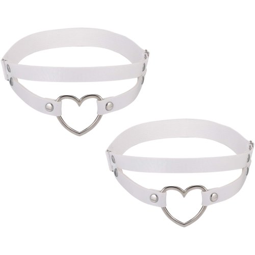 FM FM42 White PU Simulated Leather Women's Gothic Double Straps Heart O Ring Leg Thigh Elastic Garter Belt, One Pair