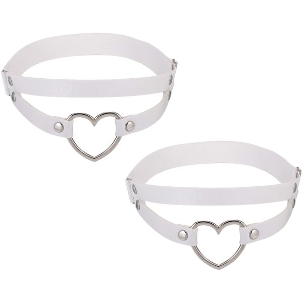 FM FM42 White PU Simulated Leather Women's Gothic Double Straps Heart O Ring Leg Thigh Elastic Garter Belt, One Pair