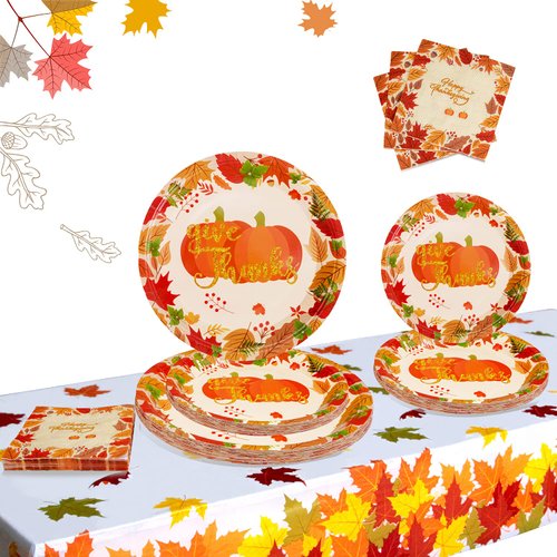 Thanksgiving Paper Plates and Napkins Fall Theme Party Supplies Disposable Dinnerware Set Serves 24 guests Give Thanks Pumpkin Autumn Tableware for Fall Thanksgiving Dinner Party Decorations