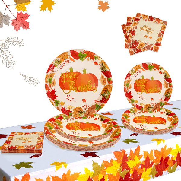 Thanksgiving Paper Plates and Napkins Fall Theme Party Supplies Disposable Dinnerware Set Serves 24 guests Give Thanks Pumpkin Autumn Tableware for Fall Thanksgiving Dinner Party Decorations