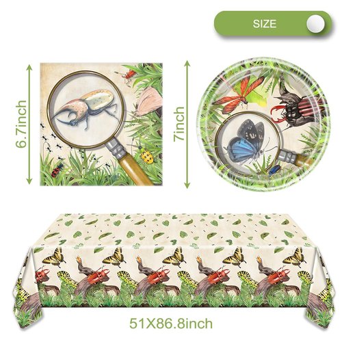OULUN Bug Party Decorations Tableware, 20 Plates and 20 Napkins and Tablecloth86 '' x 51'' Birthday Party Decorations