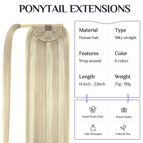 DOORES Hair Extensions Ponytail Extension Human Hair Balayage Ash Blonde Highlighted Platinum Blonde 18 Inch 80g Ponytail Extension Human Hair Straight Wrap Around Hairpieces Ponytail hair Extensions