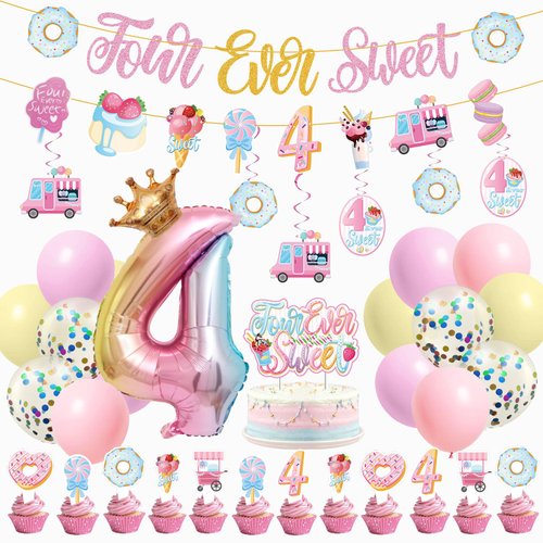 JUYRLE Four Ever Sweet Birthday Decorations Girl- Ice Cream Birthday Party Decorations with Donut Banner Ice Cream Cake Toppers 4th Foil Balloon Arch for 4 Year Old Macaron Birthday Party Supplies