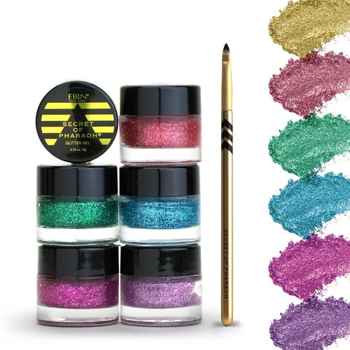 Dazzle and Delight: Secret of Pharaoh Glitter Gel Set with Brush | 6 Vibrant Colors, Long Lasting Sparkles, Ideal for Parties, and Festival Look, Glammarous Effect