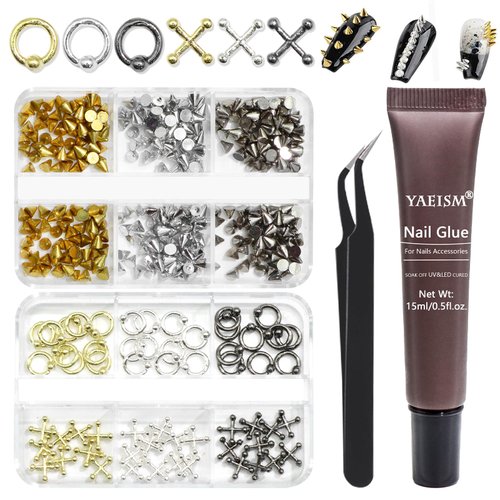 YAEISM Punk Nail Charms Kits Vintage Nail Art Studs 3 Colors Nail Spikes Alloy Cross Nail Charms Gothic Nail Rivets with Glue Gel,Tweezer for Nail Art and DIY Crafts Decoration