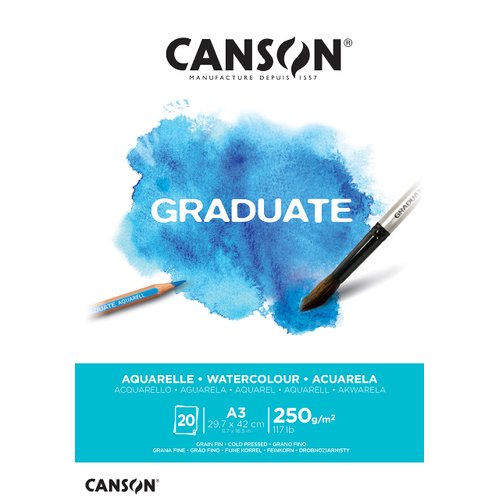 CANSON Graduate Watercolour 250gsm A3 Paper, Cold Pressed, Pad Glued Short Side, 20 Natural White Sheets, Ideal for Student Artists