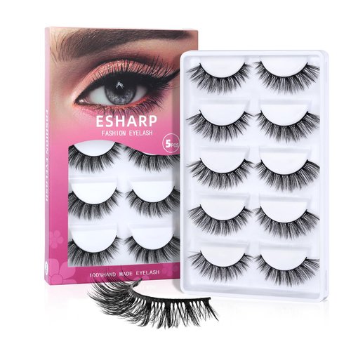 False Eyelashes 3D Faux Mink Lashes 15mm Natural Look Wispy Cat Eye Lashes 100% Handmade Soft Comfortable Strip Lashes Pack by ESHARP,5 Pairs