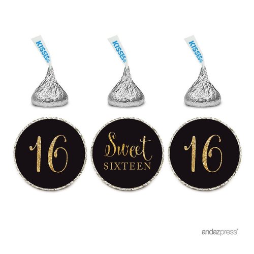 Andaz Press Gold Glitter Print Chocolate Drop Labels Stickers, Sweet 16 Birthday, Black, 216-Pack, Not Real Glitter, for Kisses Party Favors