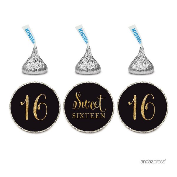 Andaz Press Gold Glitter Print Chocolate Drop Labels Stickers, Sweet 16 Birthday, Black, 216-Pack, Not Real Glitter, for Kisses Party Favors
