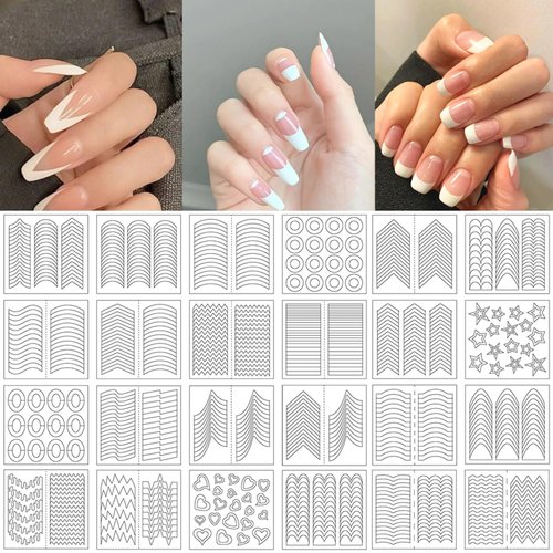 MOLILON 2000 Pieces French Tip Nail Guides French Nail Stickers Nail Art Tips Guides Self-Adhesive French Manicure Strips for Edge Auxiliary Stickers DIY Nail Stencil Tools (45 Design, 48 Sheets)