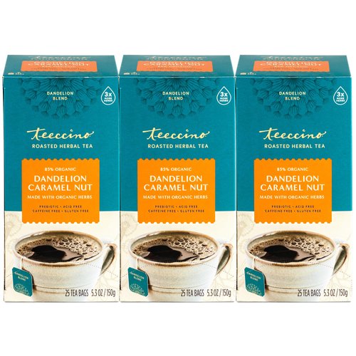 Teeccino Dandelion Caramel Nut Tea - Caffeine Free, Roasted Herbal Tea with Prebiotics, 3x More H...