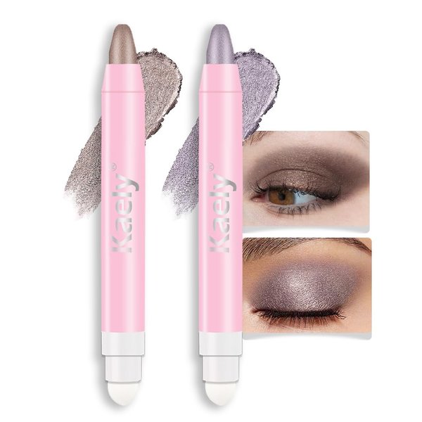 Kaely 2Pcs Cream Eye Shadow Brightener Sticks Set for Eyes Waterproof, Taupe Smoky Amethyst Shimmer Cream Eyeshadow Applicator Stick Long Lasting Pigmented Eye Makeup sombras en crema para ojos 19+24
