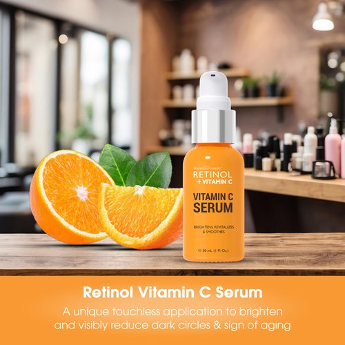 Retinol + Vitamin C Face Serum - Anti Aging Facial Serum, Evens Skin Tone, Diminishes Fine Lines and Wrinkles, Sun Damage & Dark Spots, Restores Radiance, Locks In Moisture - 1 FL. Oz