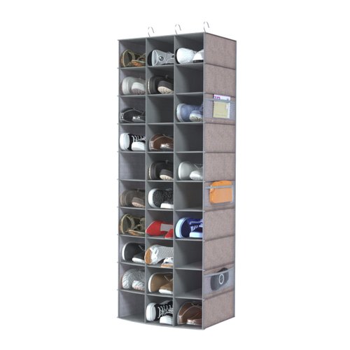 coastal rose Hanging Shoe Closet Organizer, 30 Sections Hanging Closet Organizers and Storage Shelves with 6 Mesh Pockets, Space Saving Shoe Rack Holder Hanger, Grey