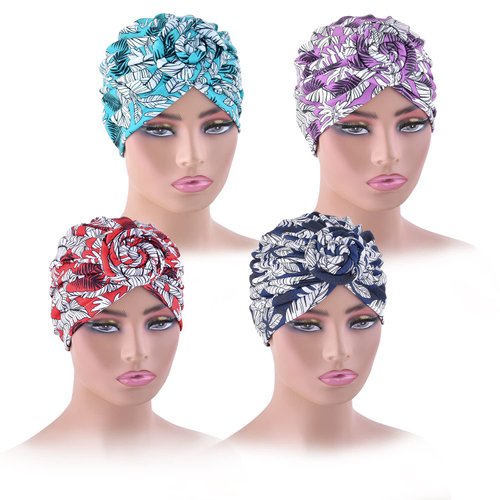 WKJHO 4 Pieces Women Turban Hat Head Wraps for Women Girls Twist Knot Pre-Tied Bonnet Turbans for Women Unique Leaf Pattern Beanie Cap Hats