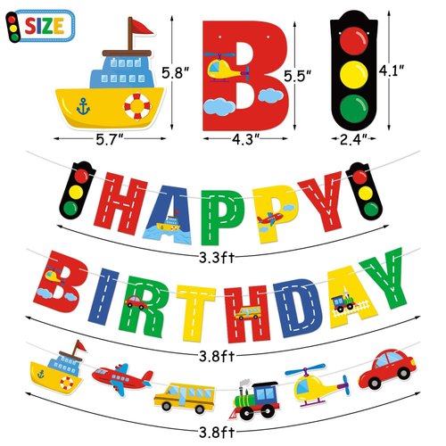Faisichocalato Transportation Happy Birthday Banner Car Bus Train Plane Ship Helicopter Traffic Light Photo Props Garland for Kids Transportation Theme Birthday Party Decorations Baby Shower Supplies
