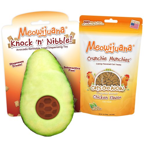 Meowijuana | Knock N' Nibble Avocado & Chicken Treat Bundle | Crunchie Munchie Catnip Treats | Refillable Treat Dispensing Toy | Promotes Play and Cat Health