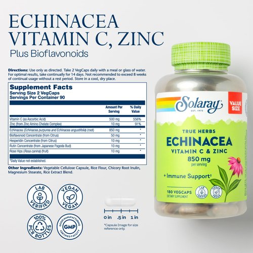 SOLARAY Echinacea Vitamin C & Zinc 850mg Plus Bioflavonoids, Echinacea Capsules for Healthy Immune Support, Vegan, Lab Verified, 60-Day Money-Back Guarantee, 90 Servings, 180 VegCaps