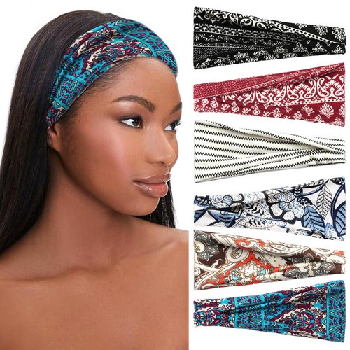 SAWINDA 6 Pack Boho Headbands for Women Fashion Short Head Bands Stretchy Non Slip Hair Bands for Women's Hair Cloth Bandanas Headband for Women Yoga Workout Head Wraps Accessories