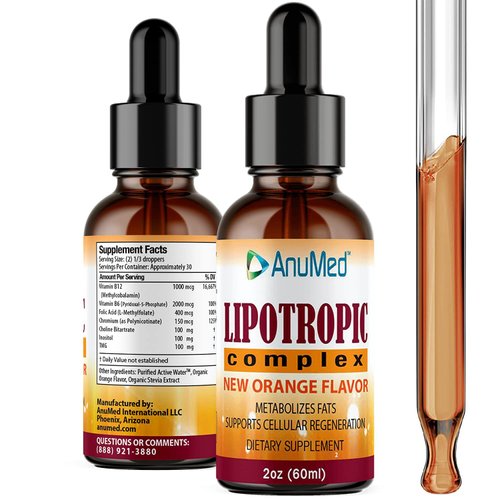 ANUMED - Lipotropic Complex Liquid Drops with Vitamin B12, B6, Folic Acid, Choline, Inositol for Liver Health, Natural Cleanser, Detox + Boosts Natural Energy Levels. Vegan, Non-GMO, Gluten-Free (2oz)
