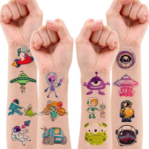 Space Temporary Tattoos Birthday Themed Party Supplies Decorations Favors 8 Sheets 96PCS Decor Cute Stickers Tattoos for Class School Prizes Gift for Kids Boys Girls Carnival Christmas Rewards
