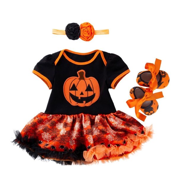 Dressy Daisy Infant Baby Girls Halloween Pumpkin Onesie Romper Fancy Party Dress Up Outfit Set with Shoes and Headband Size 3 Months