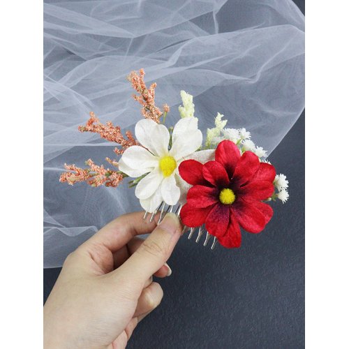 Brihasory Flower Hair Comb Boho Side Combs for Women and Girls, White and Red Artificial Flower Hair Clip Floral Hair Headpiece for Brides and Bridesmaids Valentines Day Festival Gifts