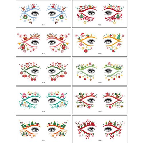 HIFANMM 10Pcs Christmas Fake Tattoos Xmas Cartoon Face Temporary Tattoos Snowflakes Snowmen Xmas Tree Santa Claus Tattoo Stickers for Adults Kids Eye Makeup Kit for Face Decor Supplies