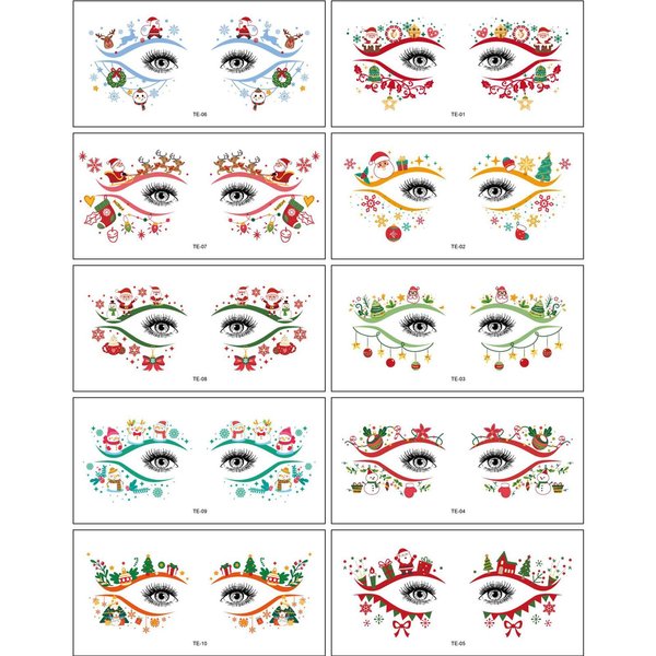 HIFANMM 10Pcs Christmas Fake Tattoos Xmas Cartoon Face Temporary Tattoos Snowflakes Snowmen Xmas Tree Santa Claus Tattoo Stickers for Adults Kids Eye Makeup Kit for Face Decor Supplies
