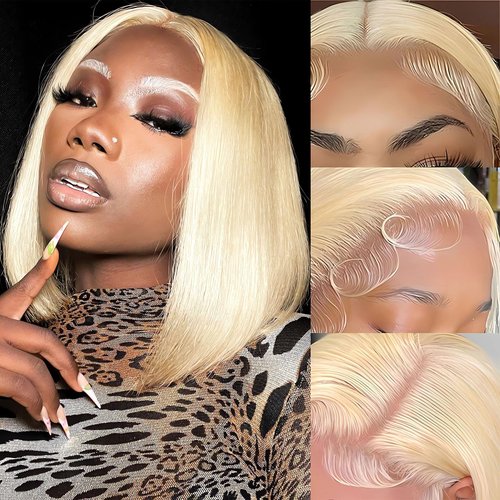 Gemlong Blonde Bob Wig Human Hair 613 Lace Front Wig Bob Human Hair Glueless Pre Plucked Bleached Knots Lace Front Wig 13x4 HD Transparent Lace Frontal Short Bob Wigs For Black Women 12 Inch