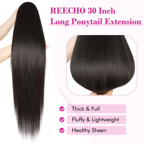 REECHO Ponytail Extension Drawstring Long Straight Ponytail Extensions 30” Natural Silky Soft Clip in Ponytail Hair Extensions Synthetic Hairpiece for Women, Black Brown