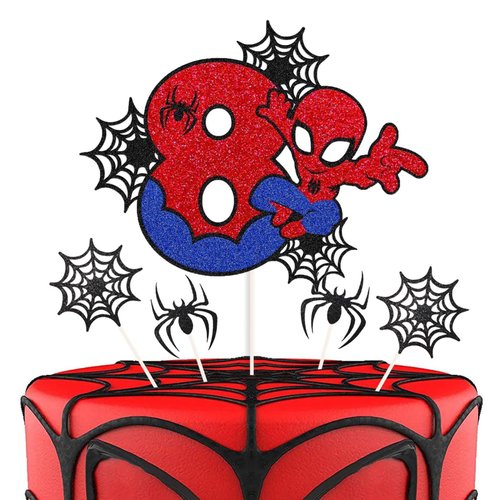 7 Pcs Cake Toppers, Cartoon Heroes Spider Pattern Birthday Cake Toppers, Personalised 8th Birthday Cake Topper, Double Sided Glitter Cupcake Topper Birthday Party Decorations for Boys Children Kids