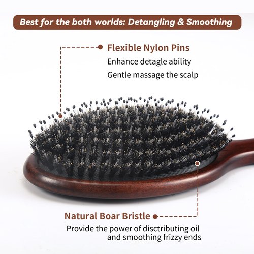 RAVEGO Hair Brush, Boar Bristles Hair Brush for Women Men Kids, Boar & Nylon Bristle Brushes for Smoothing Massaging Scalp Detangling Wet/Dry Hair, Reduce Frizz Dry Restore Natural Shine