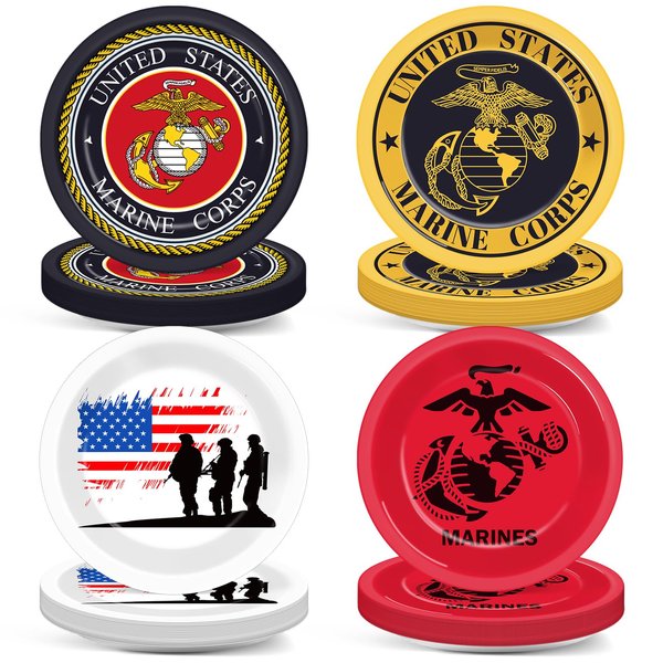 48PCS United States Marines Party Paper Plates for America Marines Corps Party Supplies 7In Marines Going Away Disposable Plates for Marines Retirement Veterans Day Graduation Party Decorations