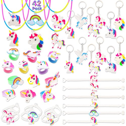 Konsait Unicorn Party Favors(42Pack), Unicorn Bracelet, Unicorn Ring, Unicorn Necklace, Unicorn Key Chain, Unicorn Party Supplies