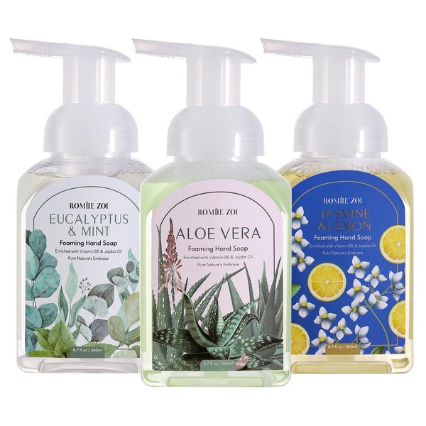 ROMIIE ZOI Mini Foaming Hand Soap - Pack of 3 - Aloe Vera, Eucalyptus & Mint, Jasmine & Lemon - 260 ML/ 8.7 FL. OZ Each