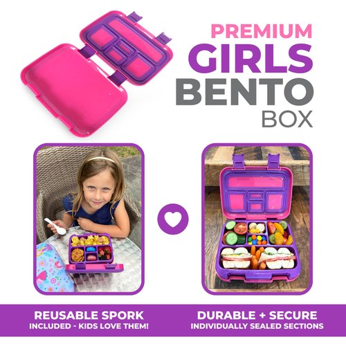 kinsho Bento Lunch Box for Kids Toddlers Girls, 5 Portion Sections Secure Lid, Microwave Safe BPA Free Removable Tray, Pre-School Kid Daycare Lunches Snack Container Ages 3 to 5, Pink Purple